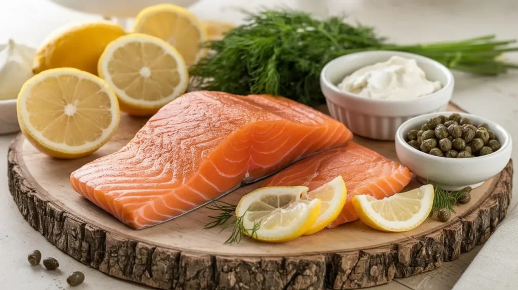 A-photo-of-a-wooden-cutting-board-with-a-smoked smoked salmon recipe