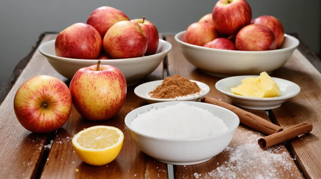 realistic_display_of_fried_apple_recipe_ingredients-_fresh_apples_cinnamon_sugar_butter_and_lemon fried apples recipe