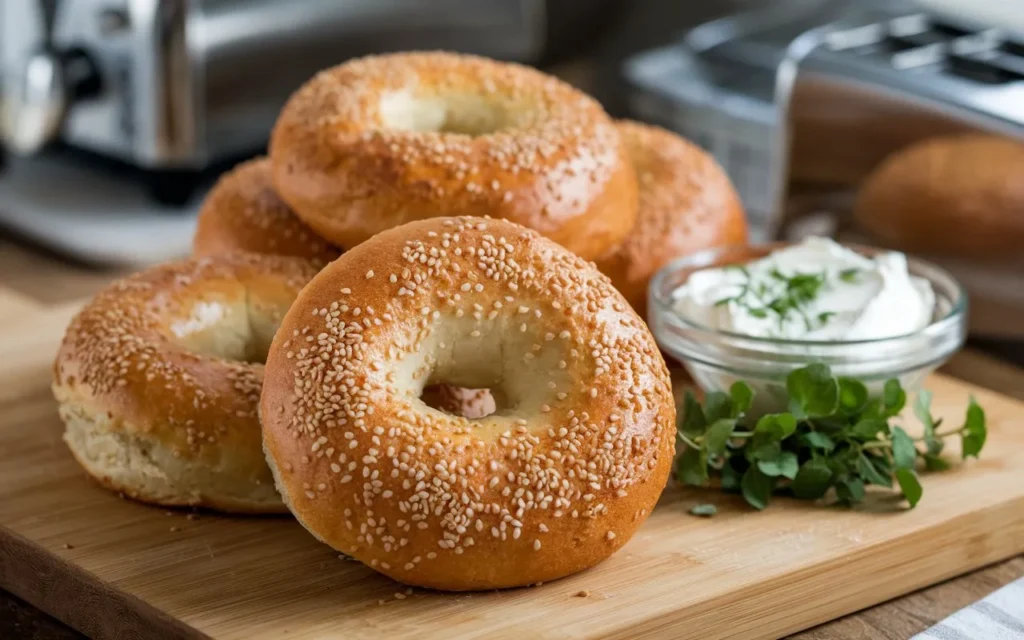 sourdough bagel recipe a-photo-of-a-wooden-cutting-board-with-freshly-bak